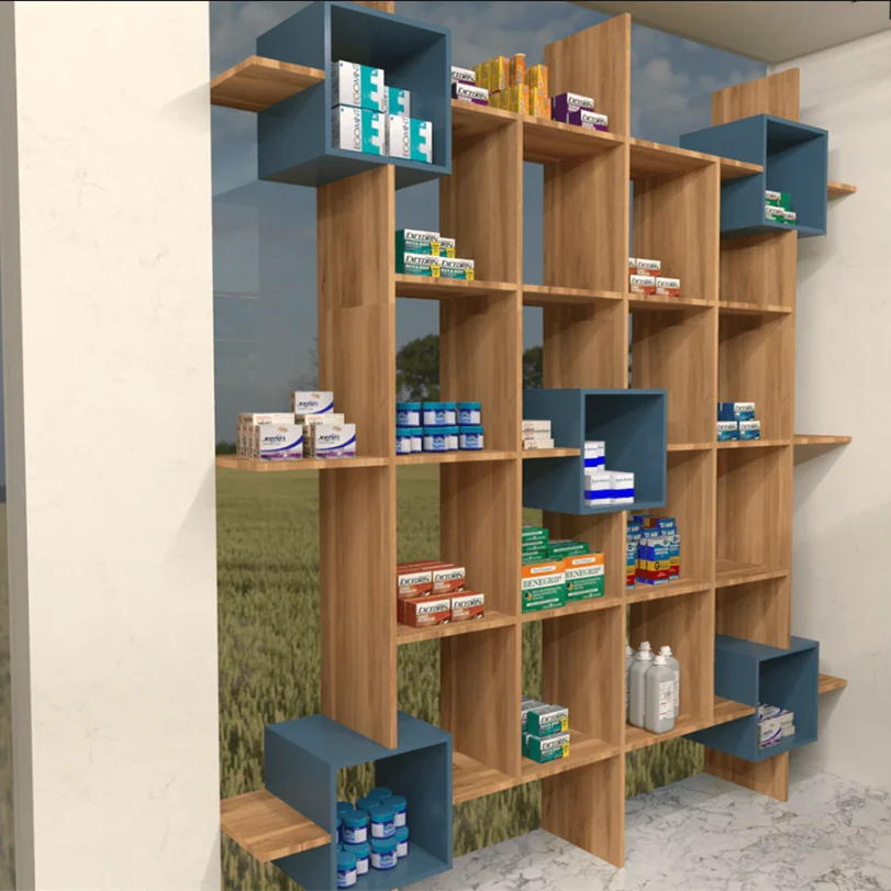 Medical Store Pharmacy Shop Retro Custom Design Wooden Standing Pharmacy Display Shelves Showcase