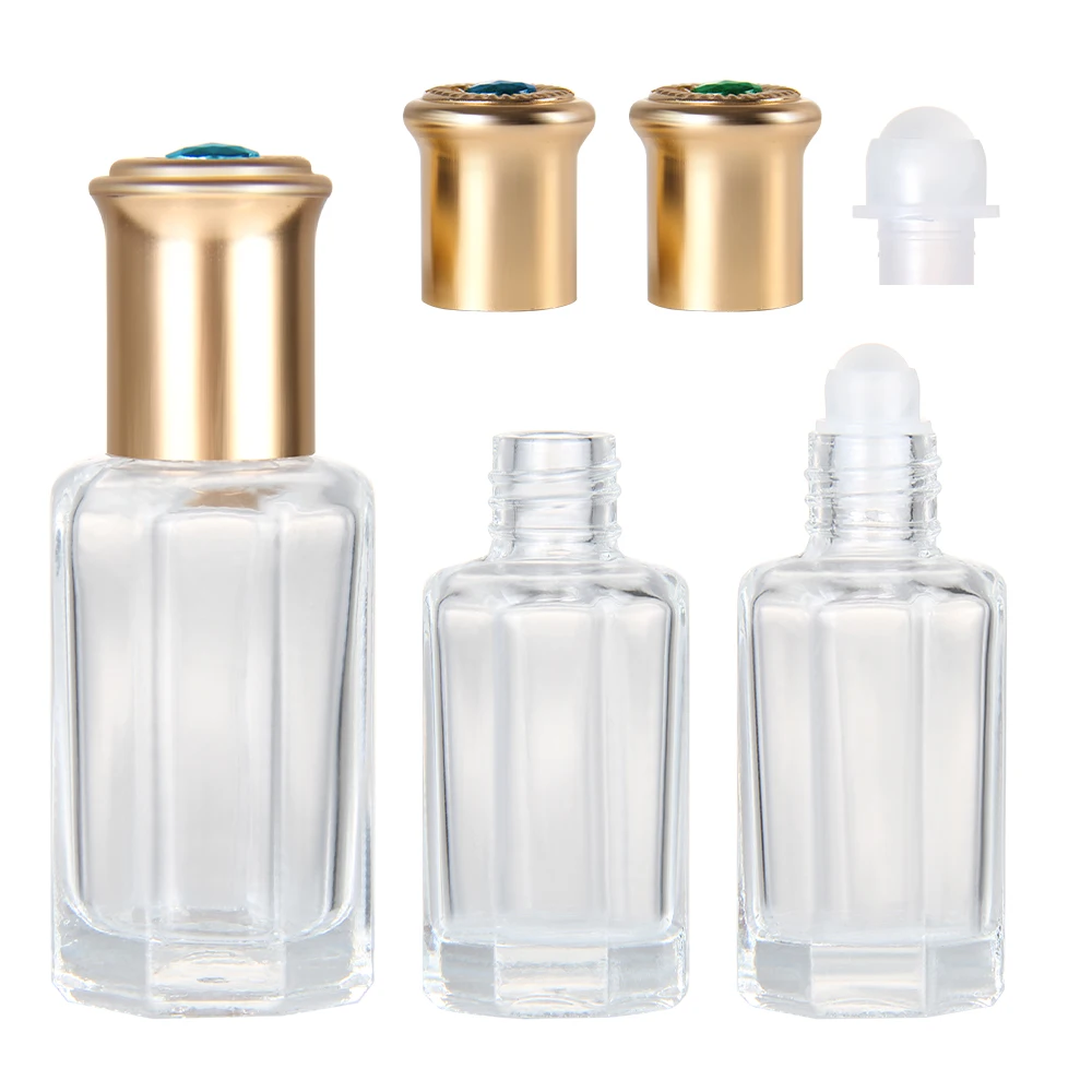 Empty Octagonal Arabian Attar Oud Perfume Glass Bottles Essential Oil 3ml 6ml 9ml 12ml Roll On Bottles With Glass Stick