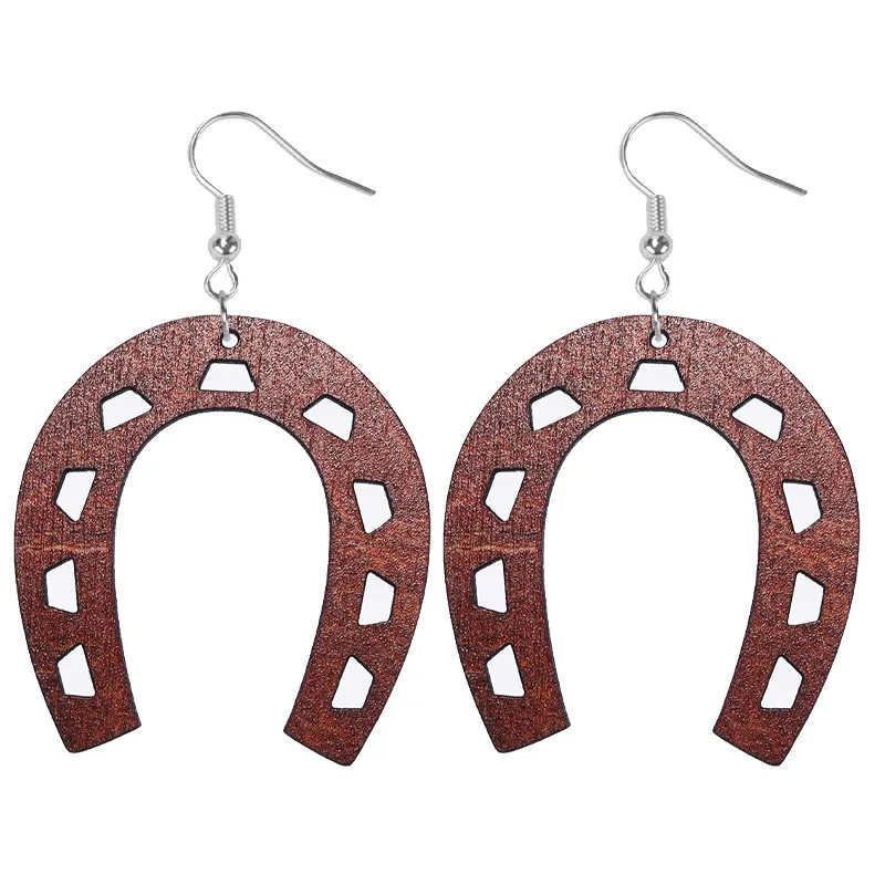 Ethnic Wholesale Geometric U Shape Pendant Earrings For Women Western Cowboy Horseshoe Shaped Wooden Drop Earrings