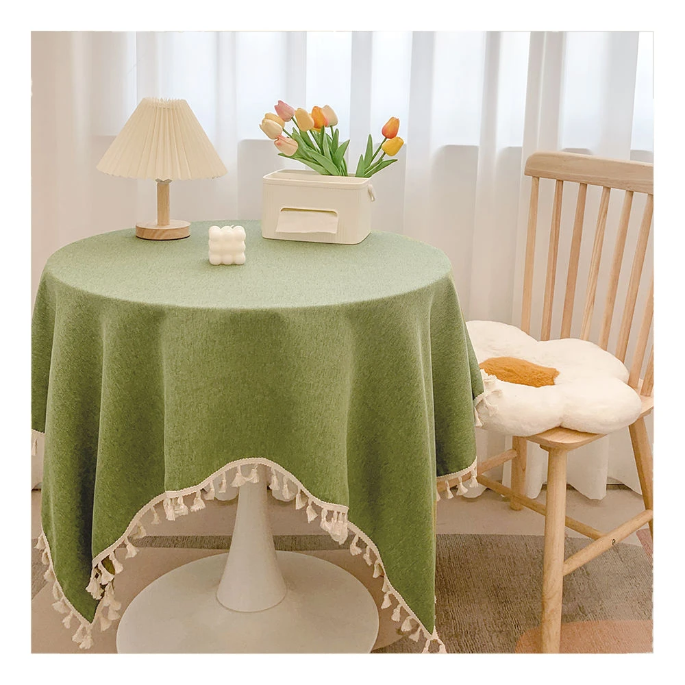 Factory New Style Wrinkle Free Anti-Fading Table Cloth Tassel Square Indoor & Outdoor Dining Table Cover Cotton Linen Tablecloth