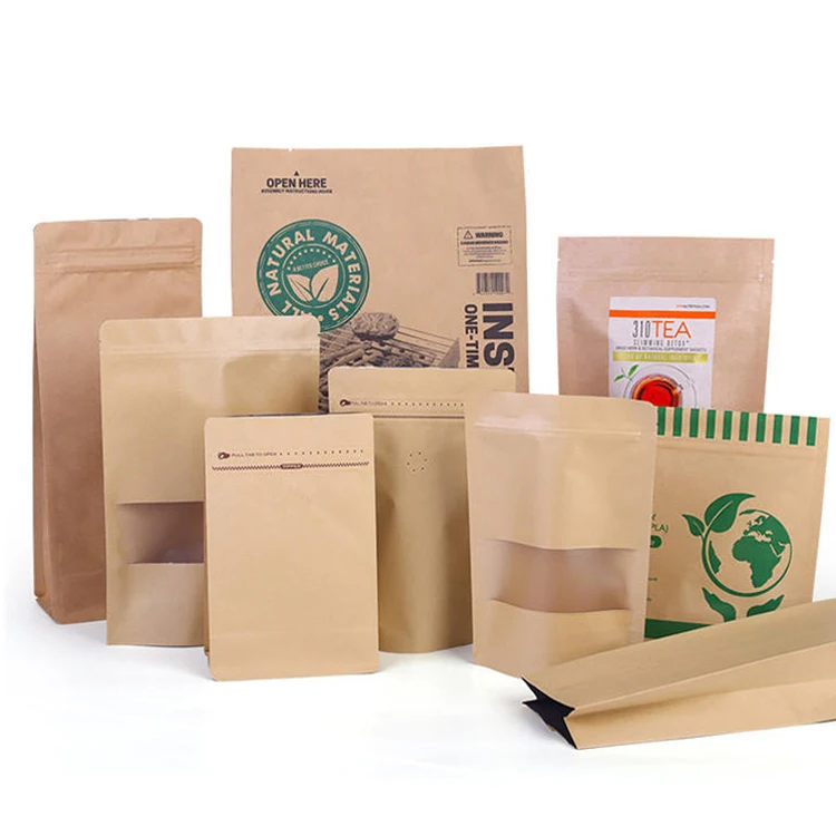 Recyclable Logo Printing Resealable Food Grade Ziplock Doypack Moisture Proof Zipper Kraft Paper Bag Tea Bags with Tear Notch
