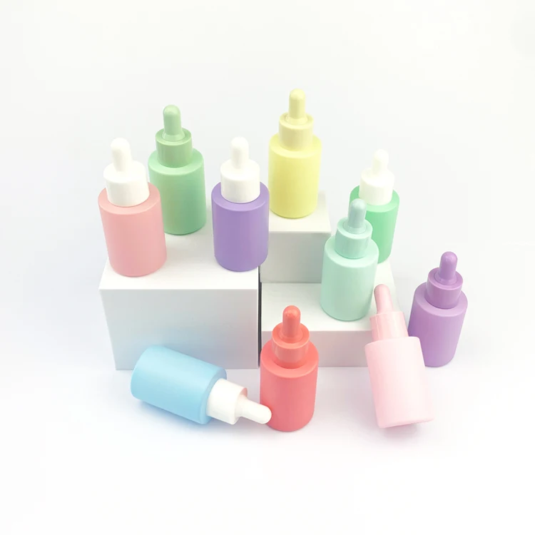 1oz 30ml colorful flat shoulder round glass essential oil serum dropper bottle green pink yellow colour glass cosmetic bottle