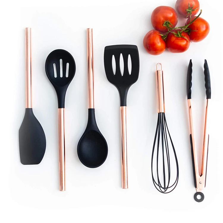 Smart Gold Stainless handle 6 Pieces Kitchen Silicone Cooking tools Set incl.egg whisk baking tongs