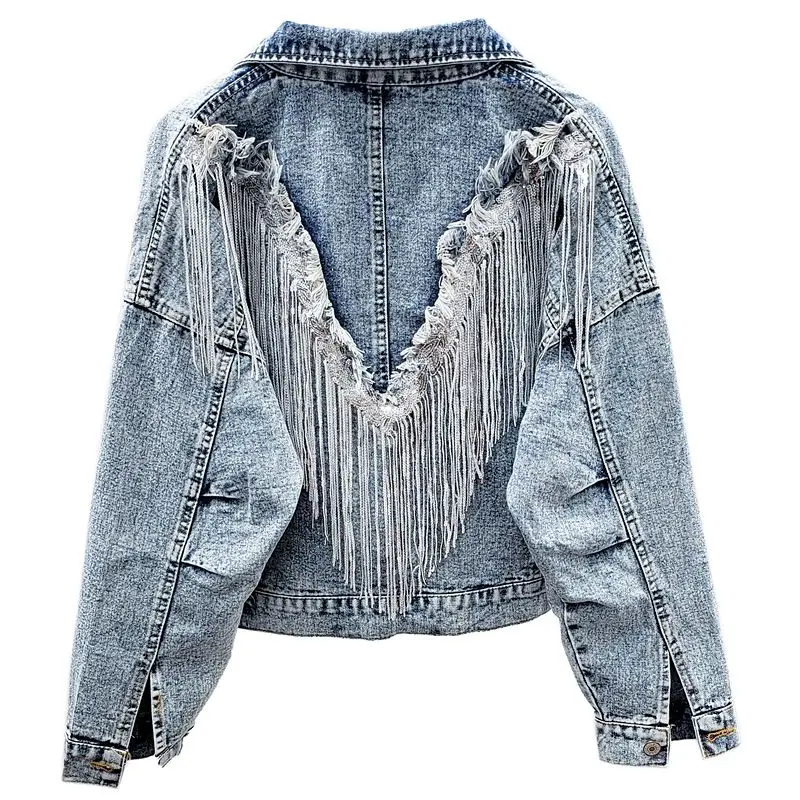 JR113 2021 autumn women button down blue long sleeve casual sequined denim tassel sequin fringe jacket