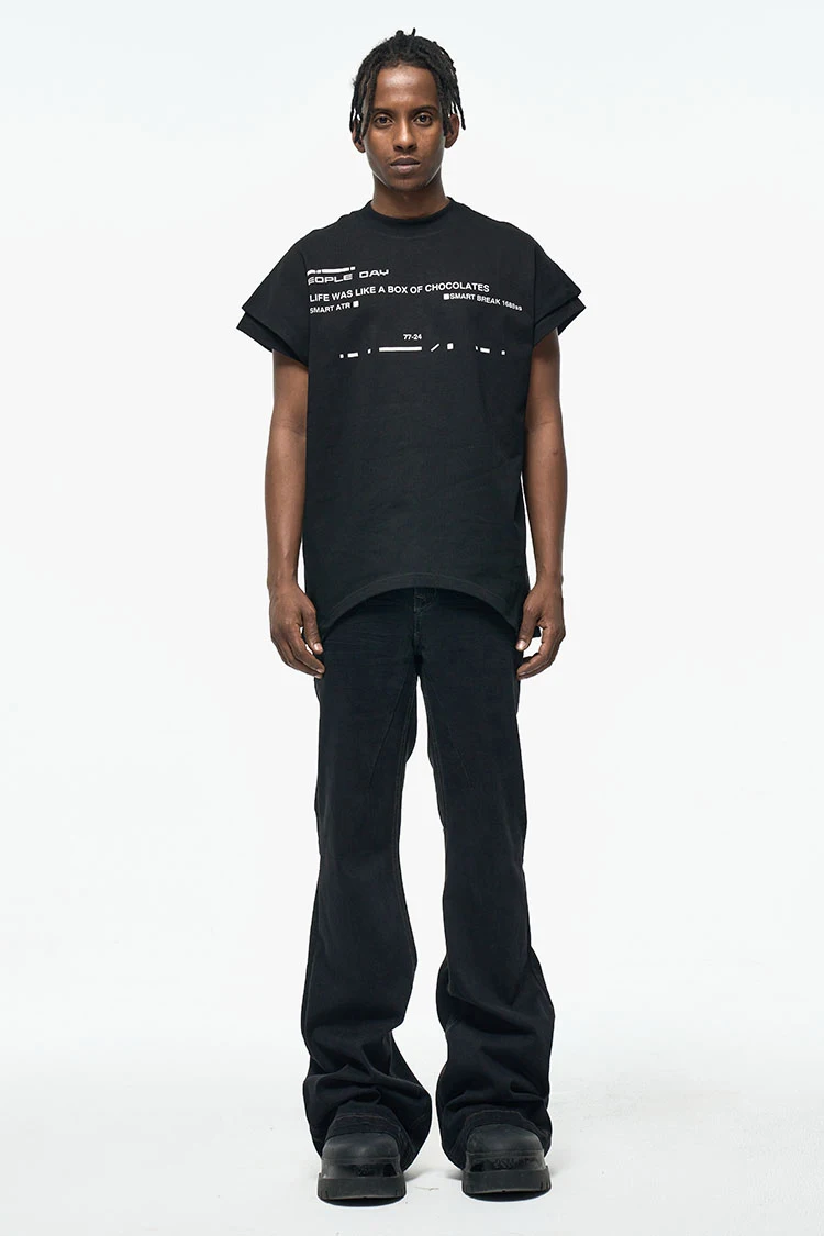 Custom label drop ship stock street wear stock baggy jeans manufacturer men black painted stacked flared  denim jeans