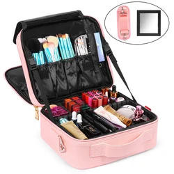 2 Layer Large Capacity Portable Organizer Makeup Bag Cosmetic Train Case Cosmetic Bag with Mirror for Cosmetics Make Up Tools