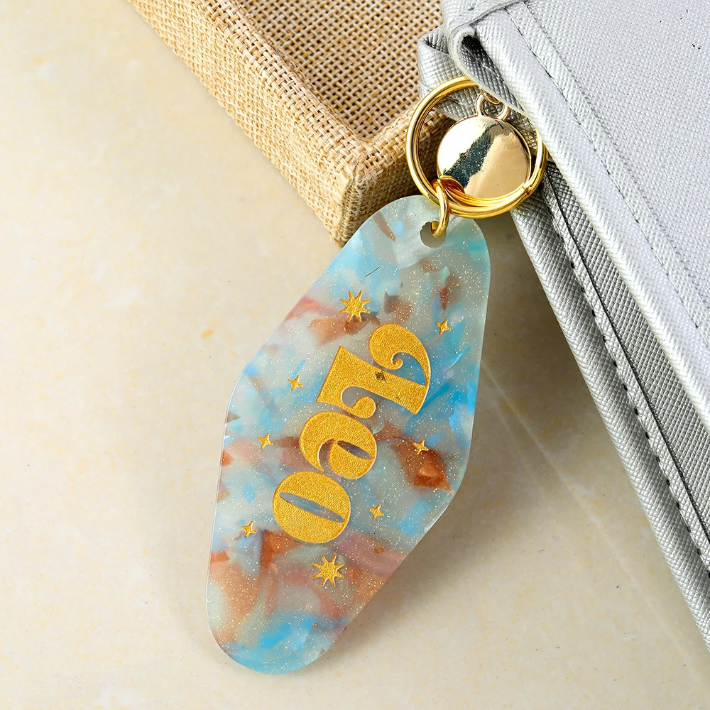 personalized acrylic glitter Retro vintage motel keychain blank custom plastic keychain Zodiac keychain