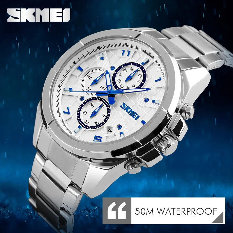 SKMEI 9109 luxury brands watches 5atm with stopwatch function men watch automatic stainless steel watch men