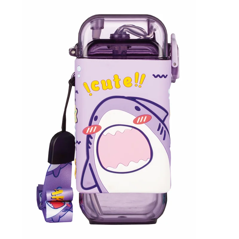 Pinkah portable custom 280ml cute cartoon 3d sleeve tritan square cup straw baby water bottle with shoulder strap