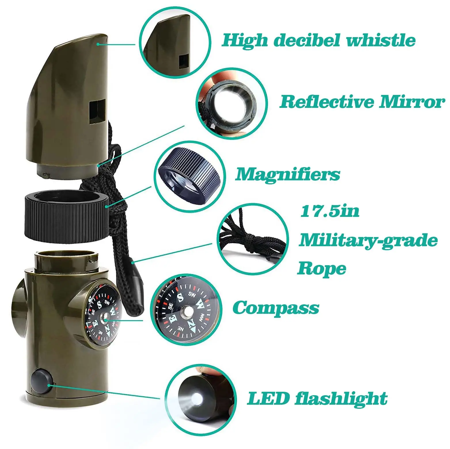 Outdoor Survival Whistle Safety Whistle Whistle Contains a Compass Survival Reflector LED Flashlight Light with Lanyard