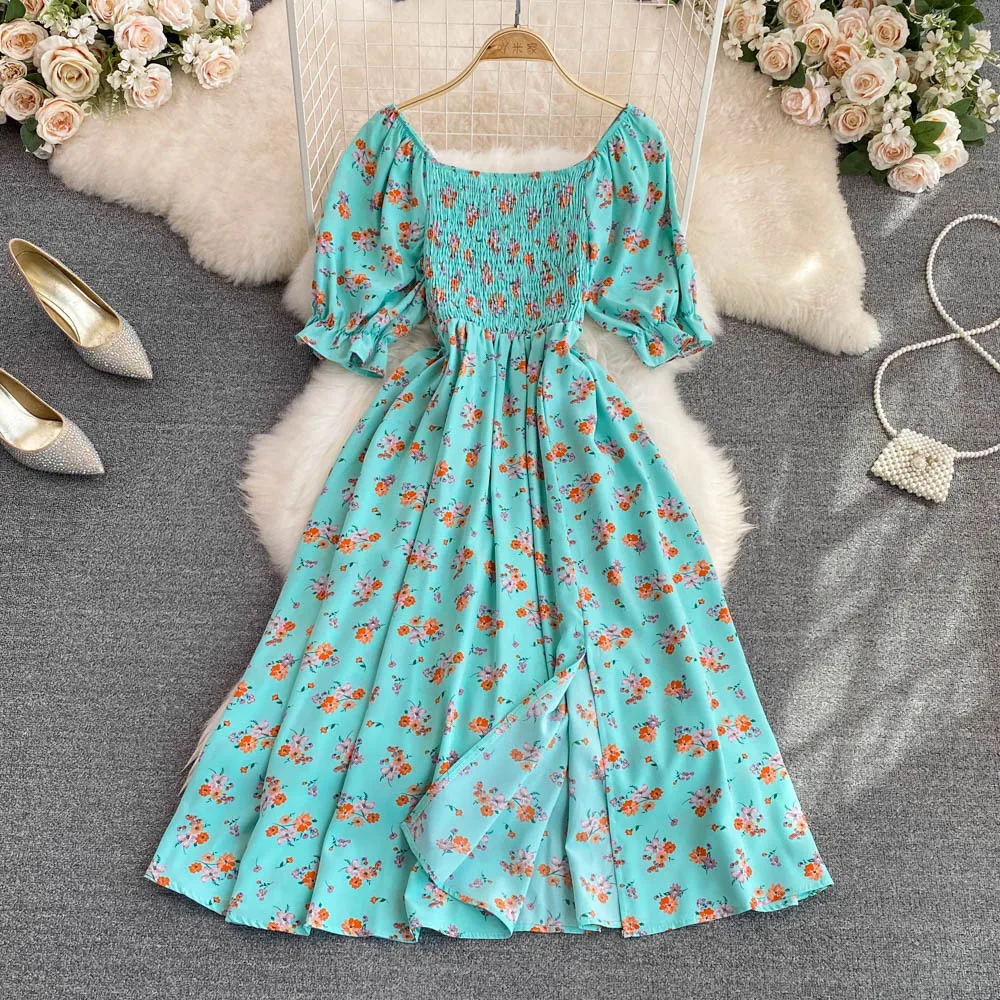 2023 Premium Summer New French Style Gentle Sweet Square Collar Puff Short Sleeve Tight Waist Slimming Slit A- Line Casual Dress