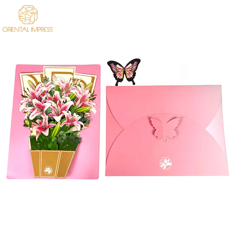 Paper Large Size Pop Up Lily Cards Forever Flower Bouquet with Butterfly Card and Envelope