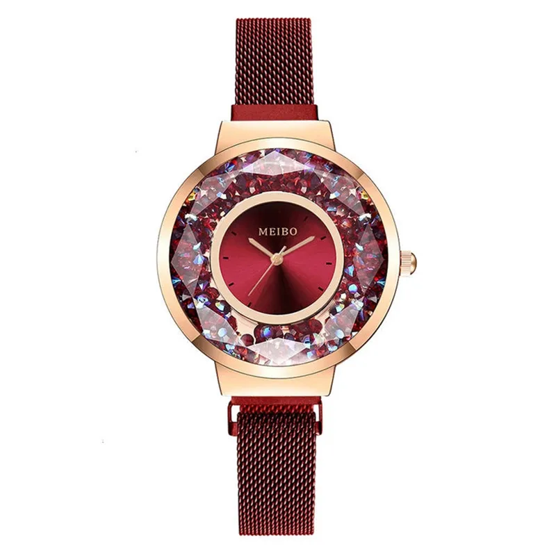 WJ-9526 Fashion Stainless Watch Ladies 2020 Newest Mesh Ladies Red Crystal Magnetic Watch