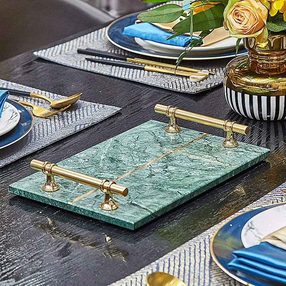 Сервисный поднос для отеля и дома из инкрустированной медной полосы натурального мрамора украшение