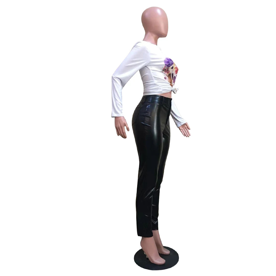 New Arrivals 2022 Women Fashion Black Skinny Tight Stretchy Pu Leather Jogger Pants Popular Womens Faux Leather Trousers