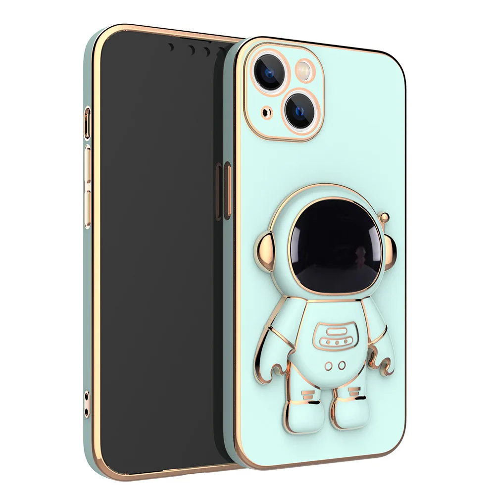3D Cute Astronauts Luxury Gold Side Plating Silicone Phone Stand Holder Phone Case Cover for iPhone 11 12 13 14 Pro Max