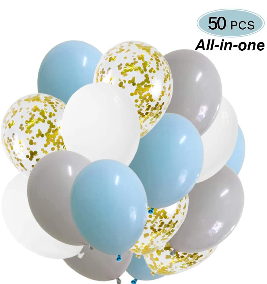 Happy Birthday Blue Gold Confetti Balloon Garland Arch Kit, Happy Birthday Banner With White Grey Latex Party for party