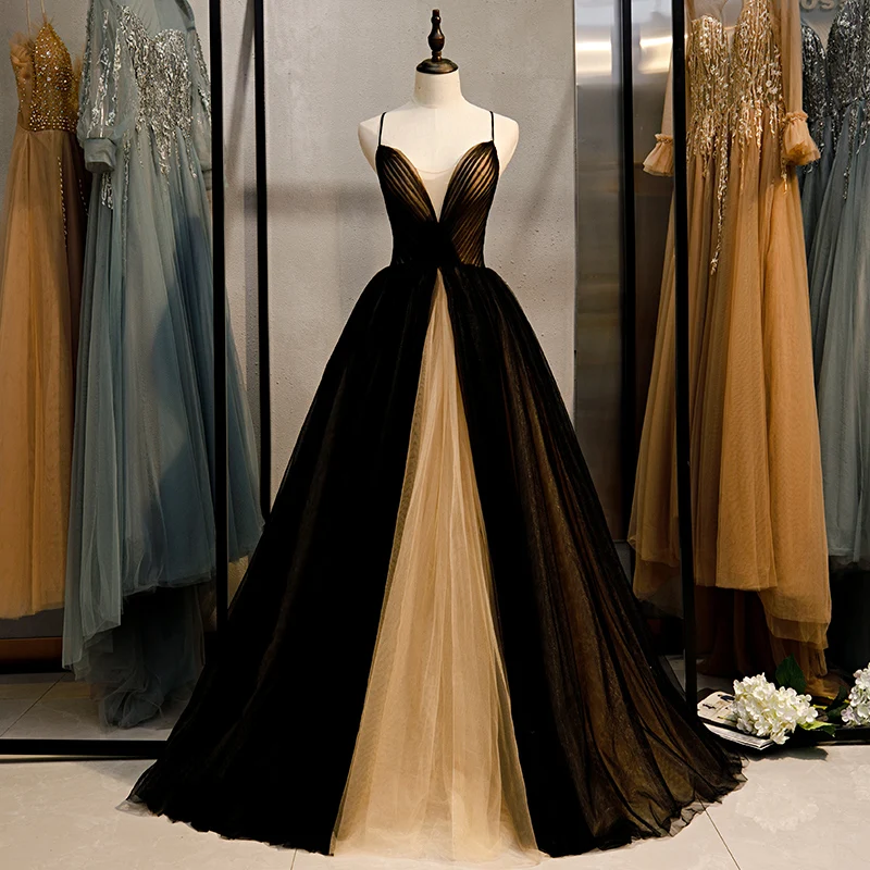 Wholesale Elegant Black Champagne Blended Sheer A-Line Prom Dress Invisible V-Neck Slim Strap Formal Occasion Dresses for Women