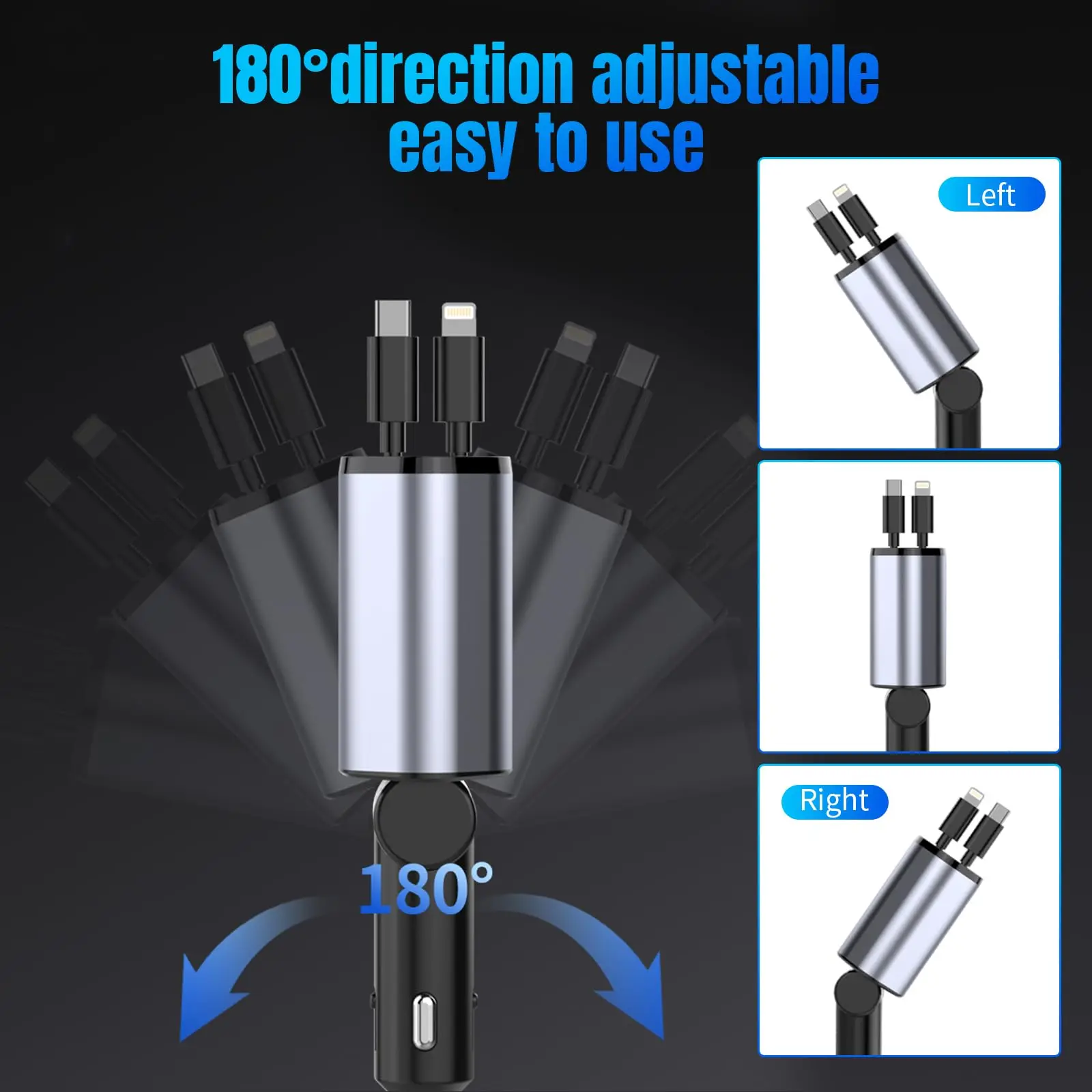 Retractable Car Charger 4 in 1 Fast Charge USB C Car Charger Adapter with 80cm Retractable Cord Cable 100W 120W Car Charger