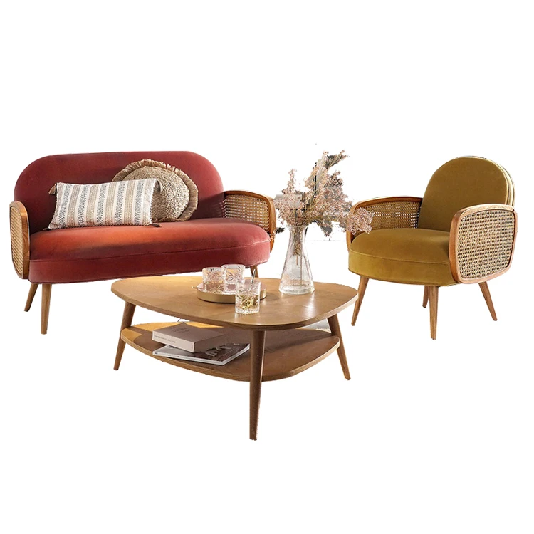 Restaurant Garden Sofa Set Rattan Armchair Recliner Solid Wood Chair Leisure Sofa Chair Wood Frame