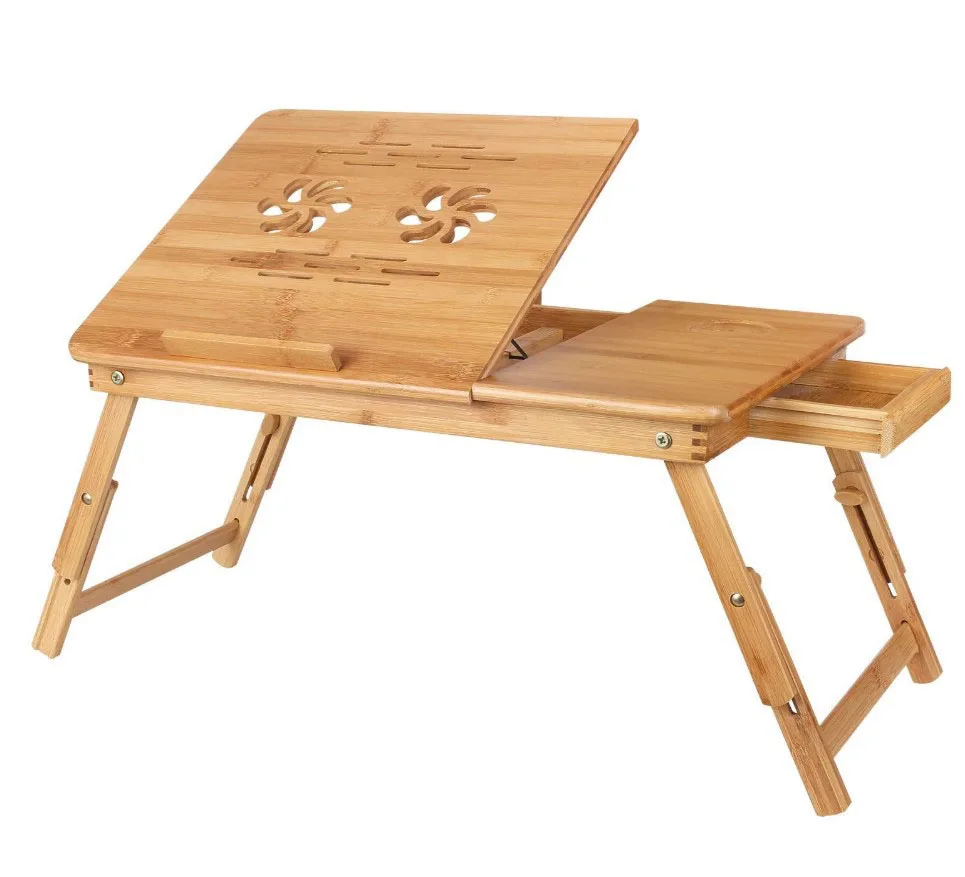 
Foldable Cooling Fan Portable Wood Desk Stand Bamboo Laptop Table 