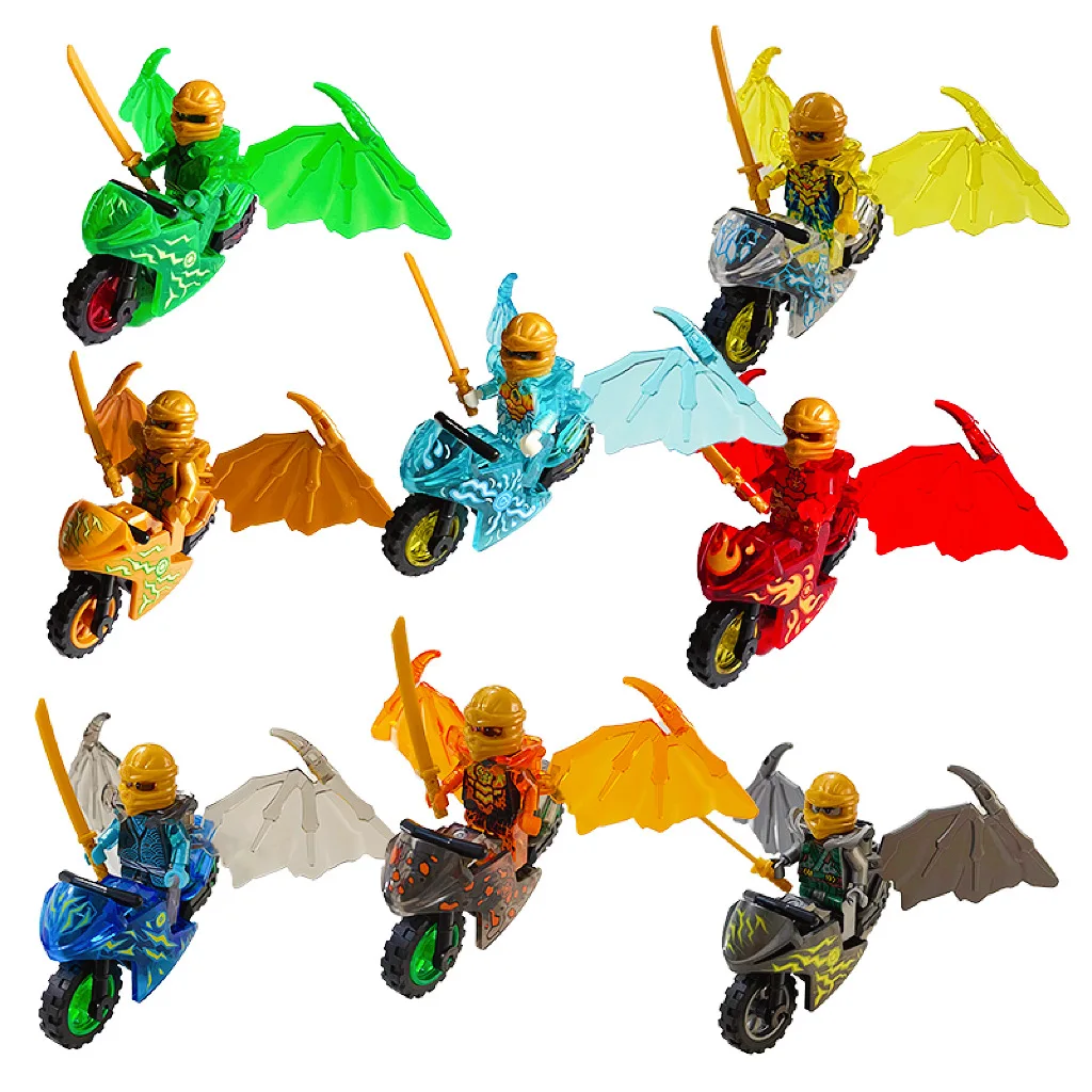New 8pcs/sets Golden Dragon Wing Motorcycle NINJA Kai Jay Cole Zane Lloyd Master Wu Mini Building Block Figures Bricks Kid Toy