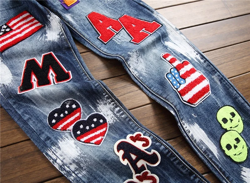 motor & biker hip hop regular paint patch embroidery patchwork jeans mens