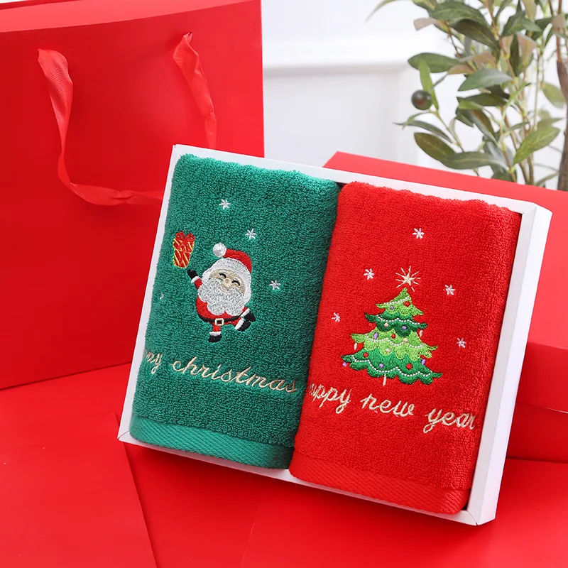 Support Customize Christmas Gift Towel High Quality 100% Cotton Soft Embroidery Santa Towel with Gift Box