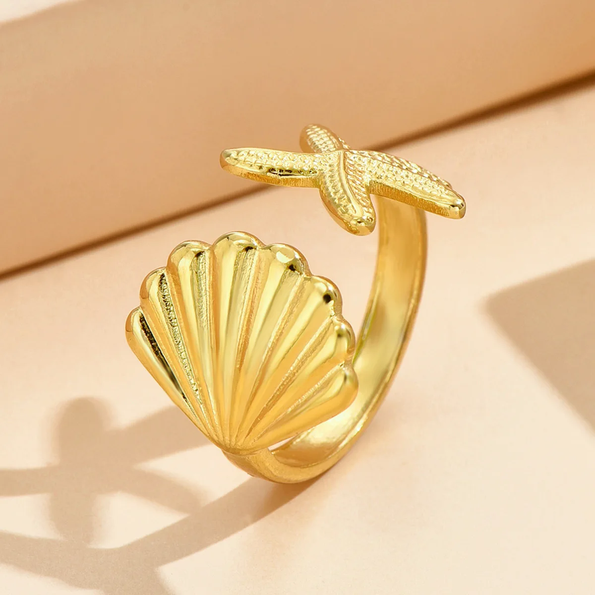 new boho 304 stainless steel sea starfish shell charm between the finger rings jewelry for women waterproof hypoallergenic