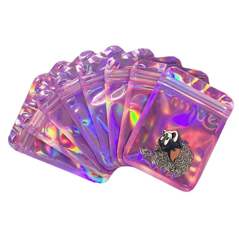 In stock transparent Resealable holographic pink zip bag for Jewelry