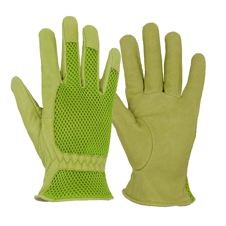 HDD whole green sale puncture resistant breathable pigskin leather breathable mesh back gardening gloves