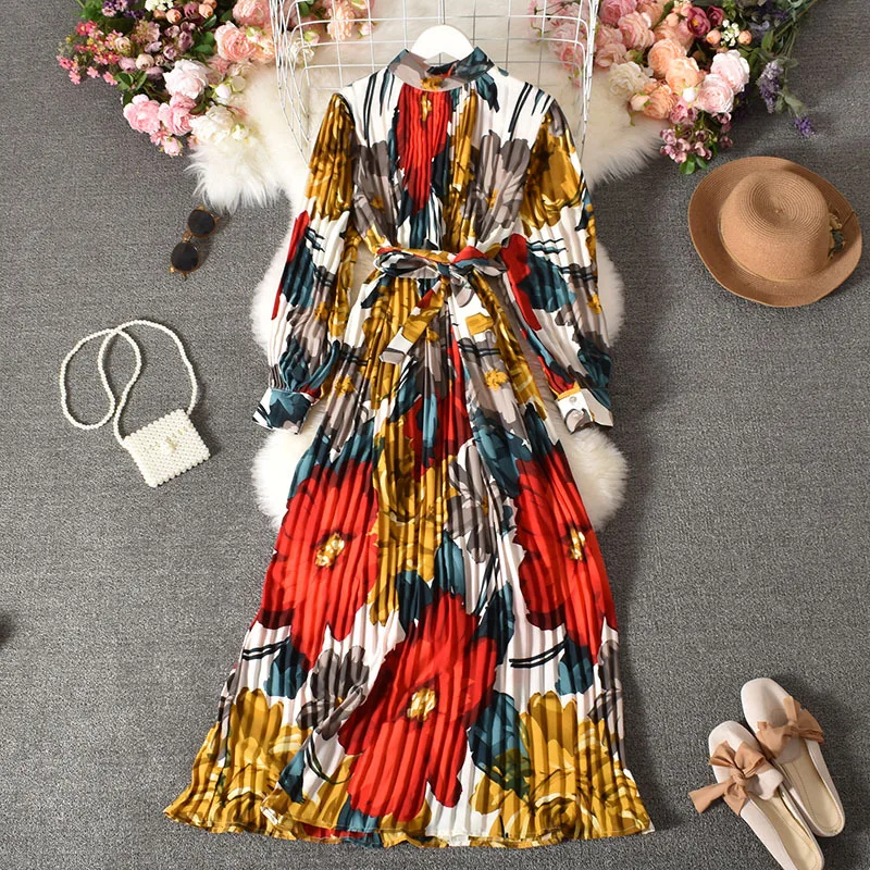 2021 Autumn Elegant Casual Long Vintage Round Stand Neck Women Chiffon Floral Pleated Maxi Dresses With Belt