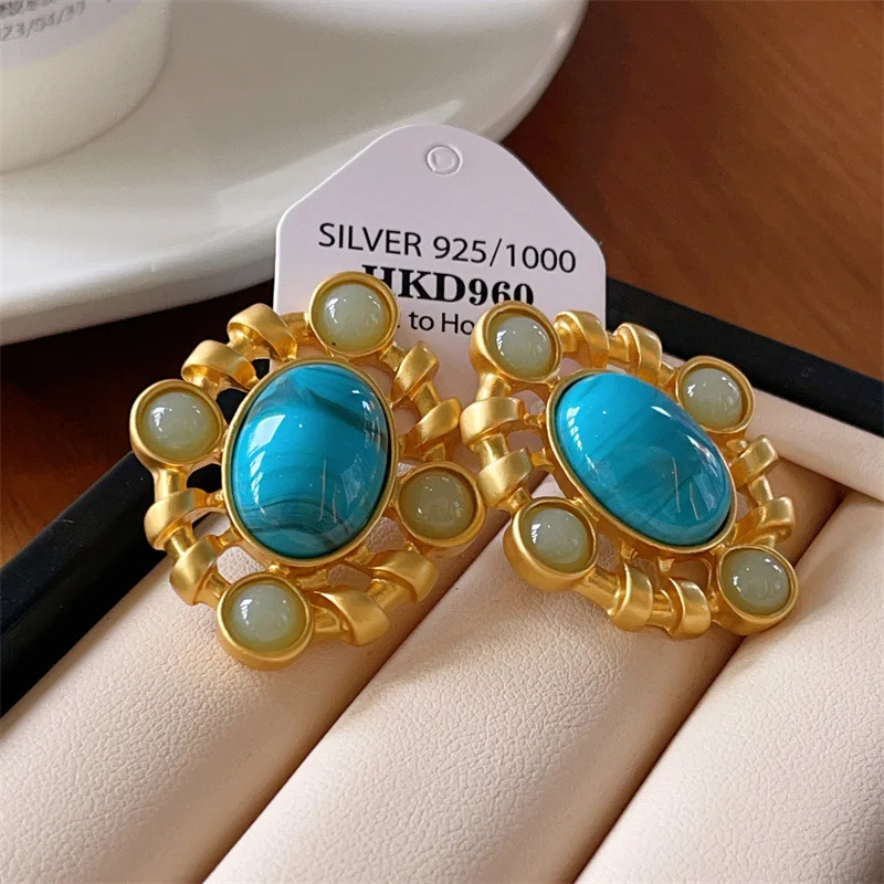 Retro palace style jewelry geometric studs earrings golden turquoise earrings