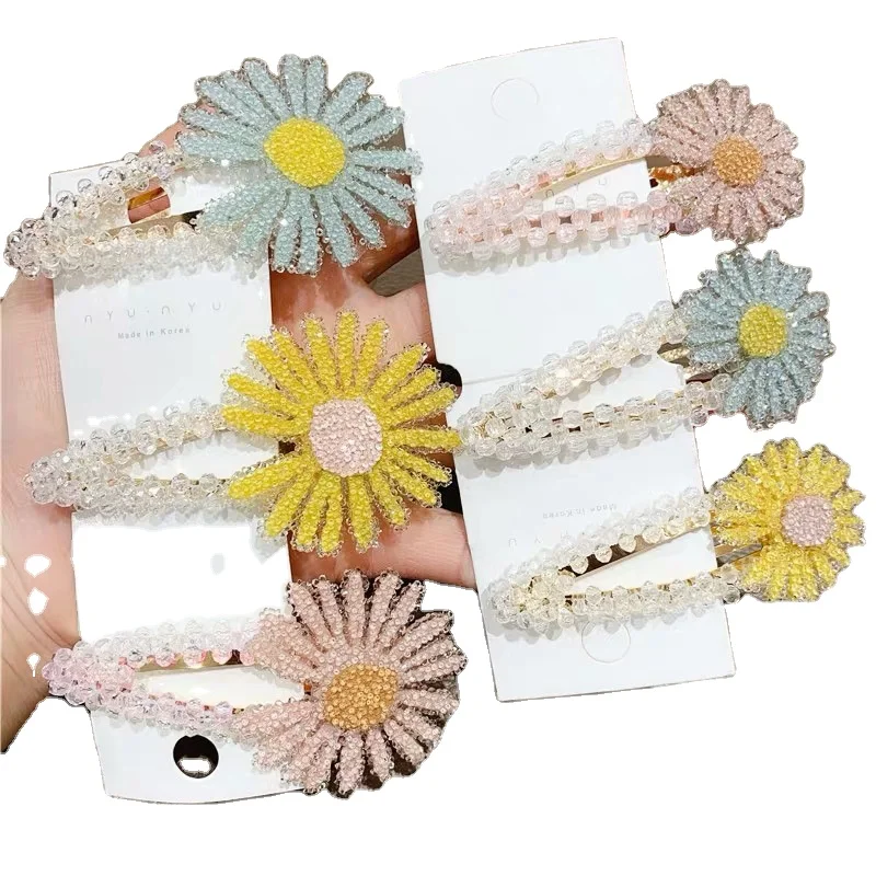 Custom Free Korean Ins Girls Hairclips Plastic Beads Hair Jewelry Flowers Bling Acrylic Daisy Hair Clips