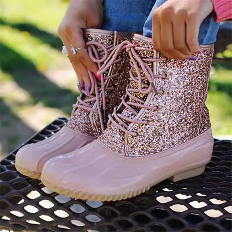 
Waterproof Custom Fashion Sequined Women Glitter Monogrammed Duck Rain Boots 