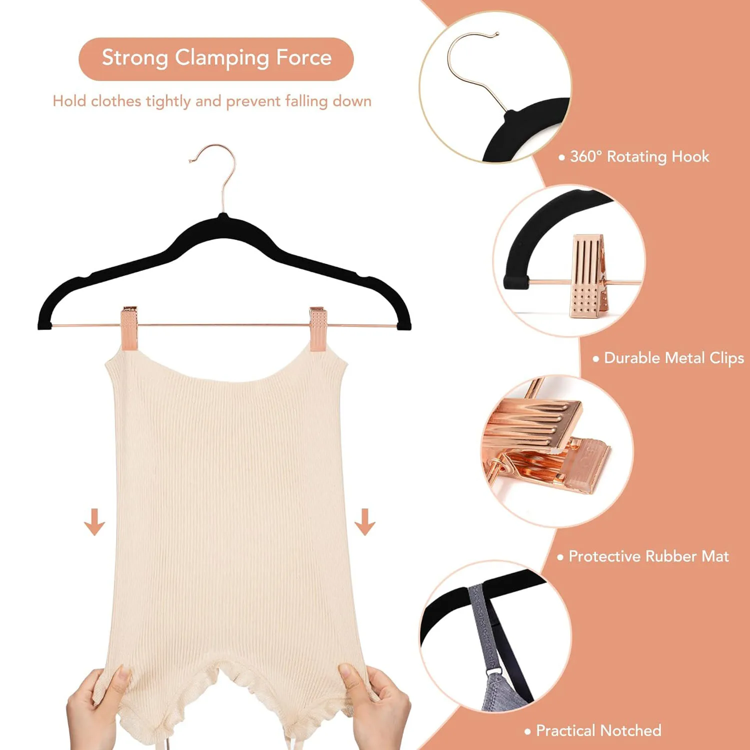 ANQI Top Quality hanger pants Rose gold clip Velvet Flocked hanger Space saving for Skirt Pants Trouser