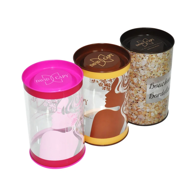 Wholesale high quality food safe cylinder transparent PET PVC cookie container chocolate biscuits jar with lids