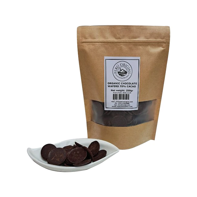 Excellent Quality 65% 70% Wholesale Cacao Cocoa Coins Organic Dark Chocolate Wafers With Sugar Cane From Peru