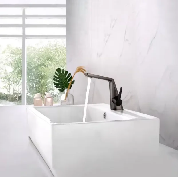 Fashionable Gun Black Brass Basin Faucet Single Handle Single Hole Deck Mounted Tap with Ceramic Valve Core for Bathroom