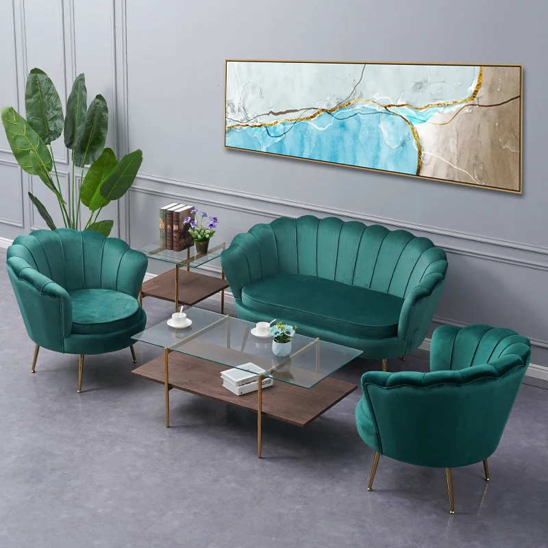 Бесплатный образец, современный роскошный мягкий бархатный диван для отдыха в гостиной, тканевый диван с лепестками, стул с металлическими ножками