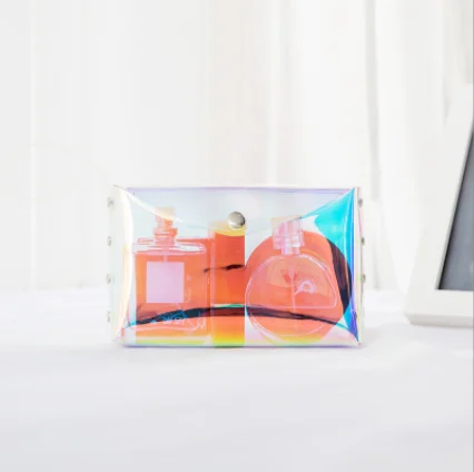 Fashion Wholesale TPU Holographic Pouch Makeup Bag Clear Transparent Holographic Makeup Bag Portable With Rivets Custom