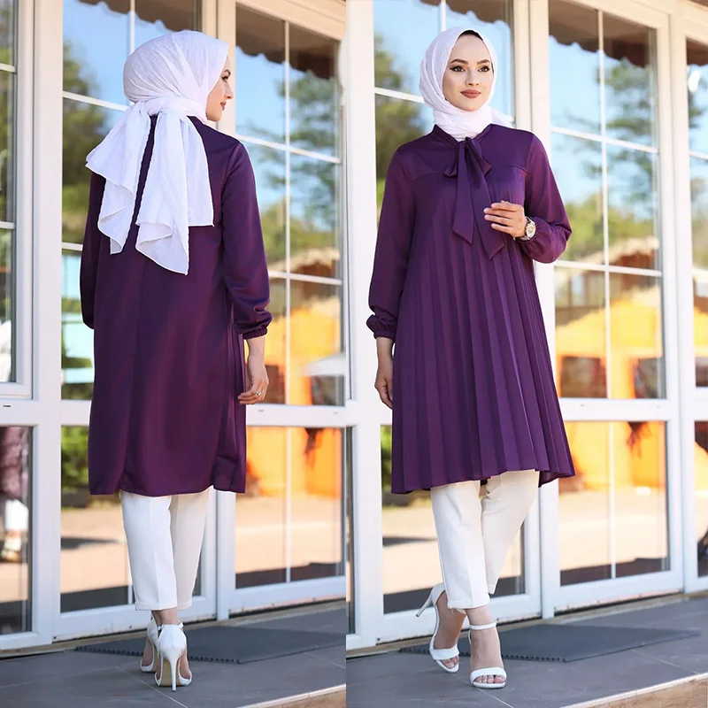 Muslim women casual crew neck tunic modest top custom turkey muslim long sleeve pleated chiffon blouse