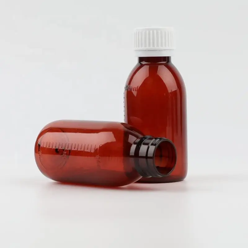 Unique empty PET  amber 4oz 120ml plastic amber cough syrup bottle with anti-tamper proof cap