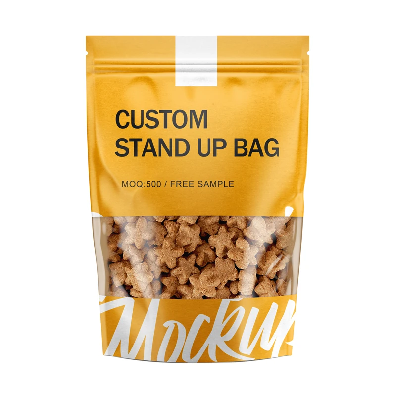 Custom Printed Doypack Resealable Zip Lock Brown Plastic Standing Up Pouches Packaging Bags With Clear Window And Zipper