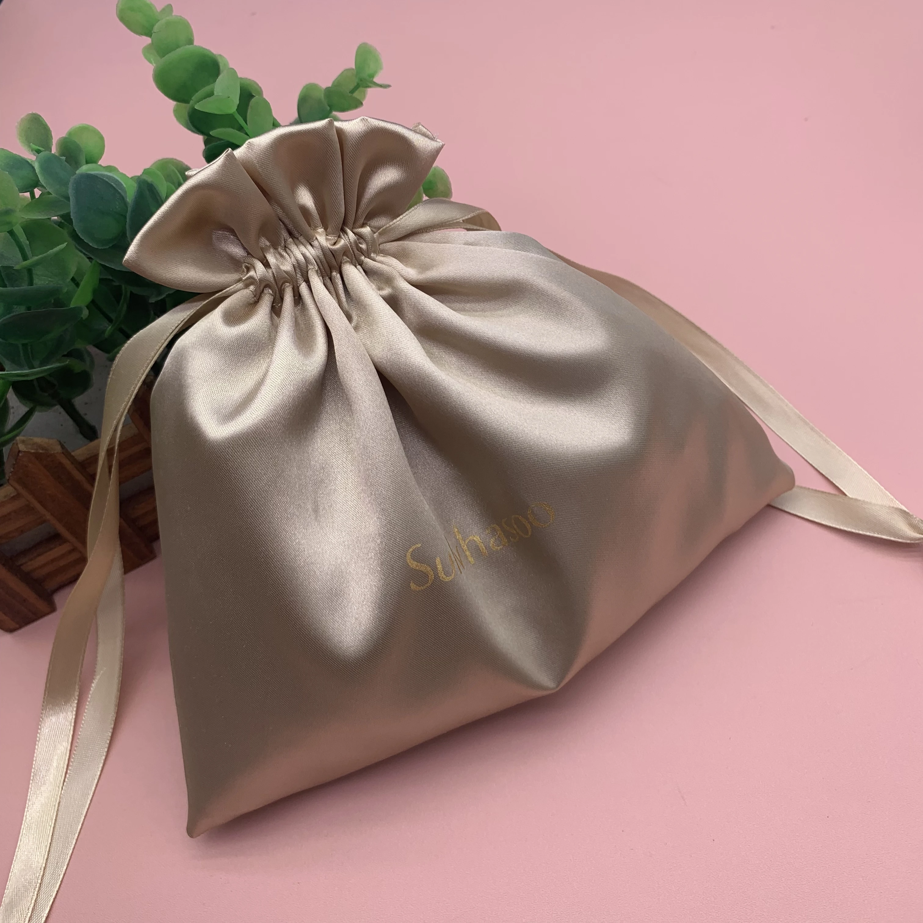 Beige  Custom Size Drawstring Satin Hair Extension Packaging Bags with Tassels