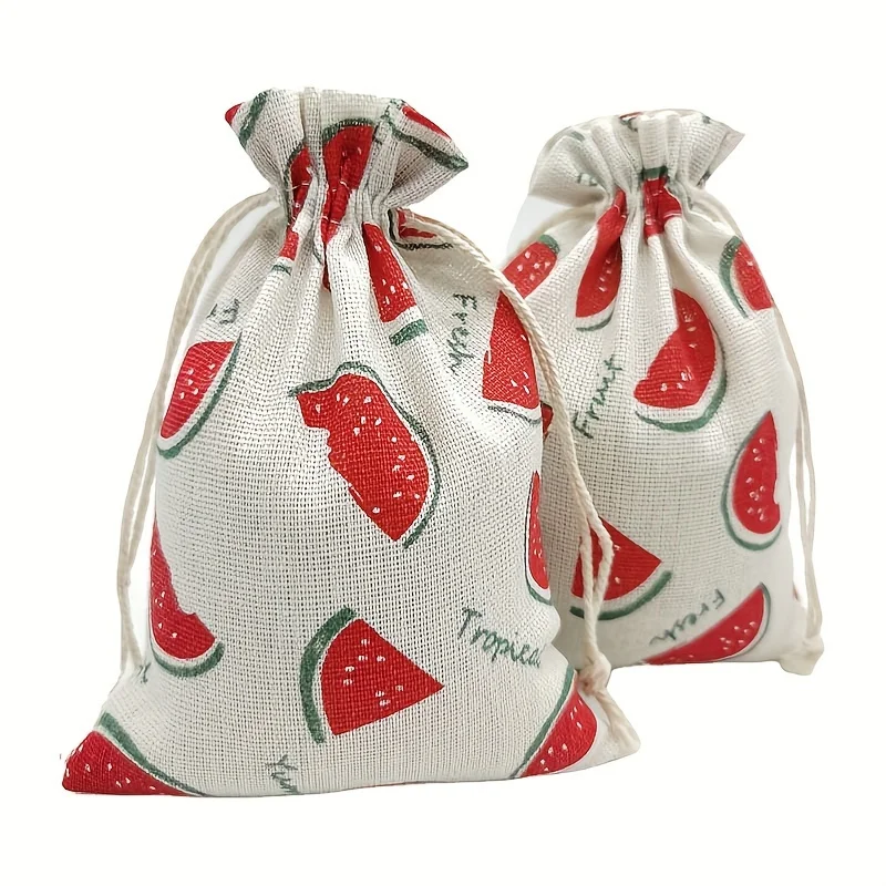 Summer Watermelon Drawstring Gift Bag Recyclable Cotton Party Favor Bag with Melon Pattern for Summer Decorations