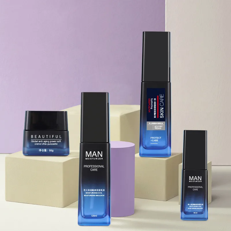 40ml 110ml 125ml black blue gradient skin care lotion pump glass square bottle and 50g face cream glass jar set