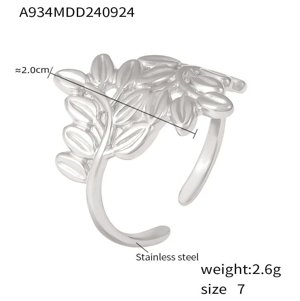 Open Design Vintage Women Stainless Steel Rings Jewelry Wholesale Hollow Leaf 18K Gold Plated Adjustable Ring