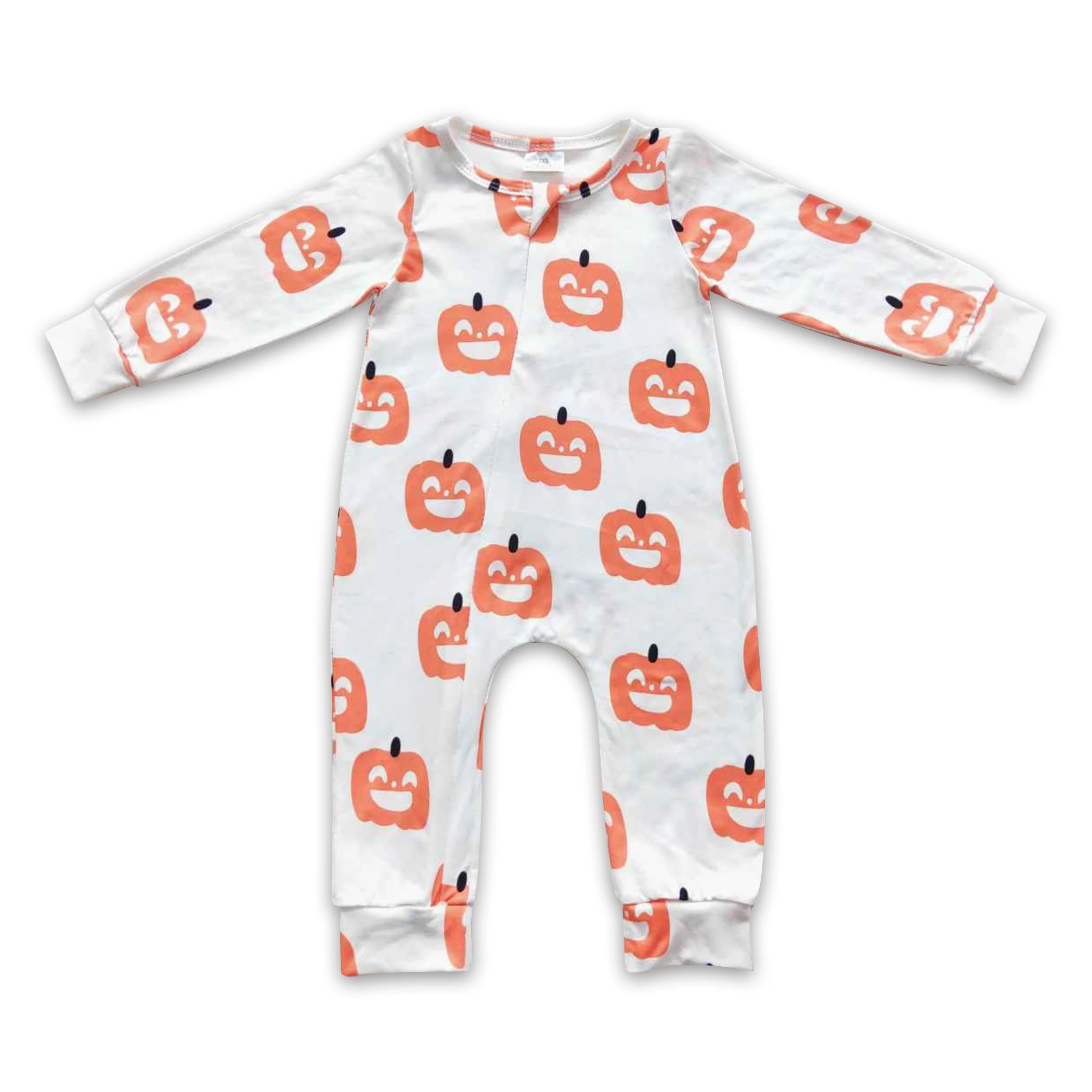 In Stock Small Pumpkin Pattern White Boutique Baby Sleepers Zipper Romper Wholesale and Soft Fabric for Baby Boys Clothes