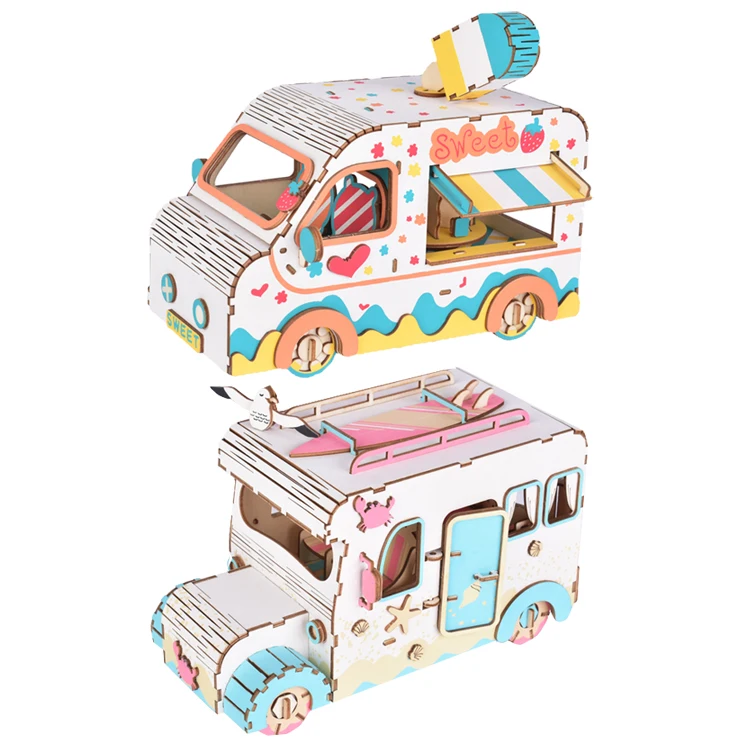 Montessori Game Wooden Assemble Pegged 2024 New Design Cute 3D Wooden Puzzle Kit of Ice Cream Van